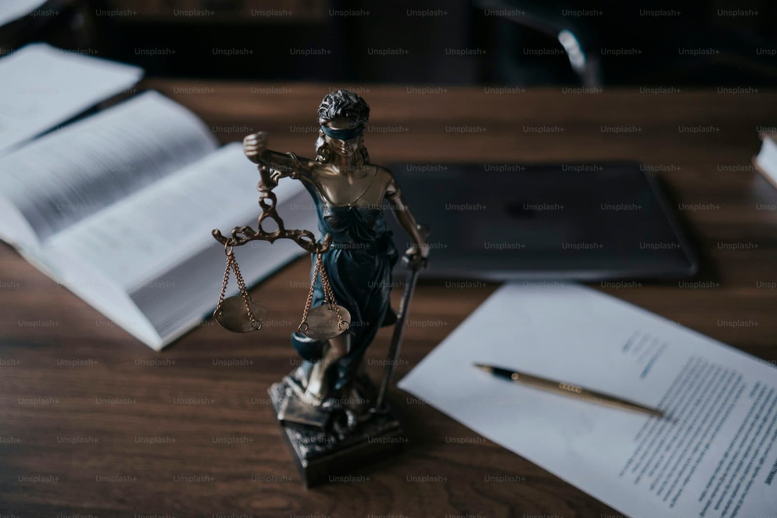 Lady Justice statue with scales on wooden desk surrounded by legal documents and papers