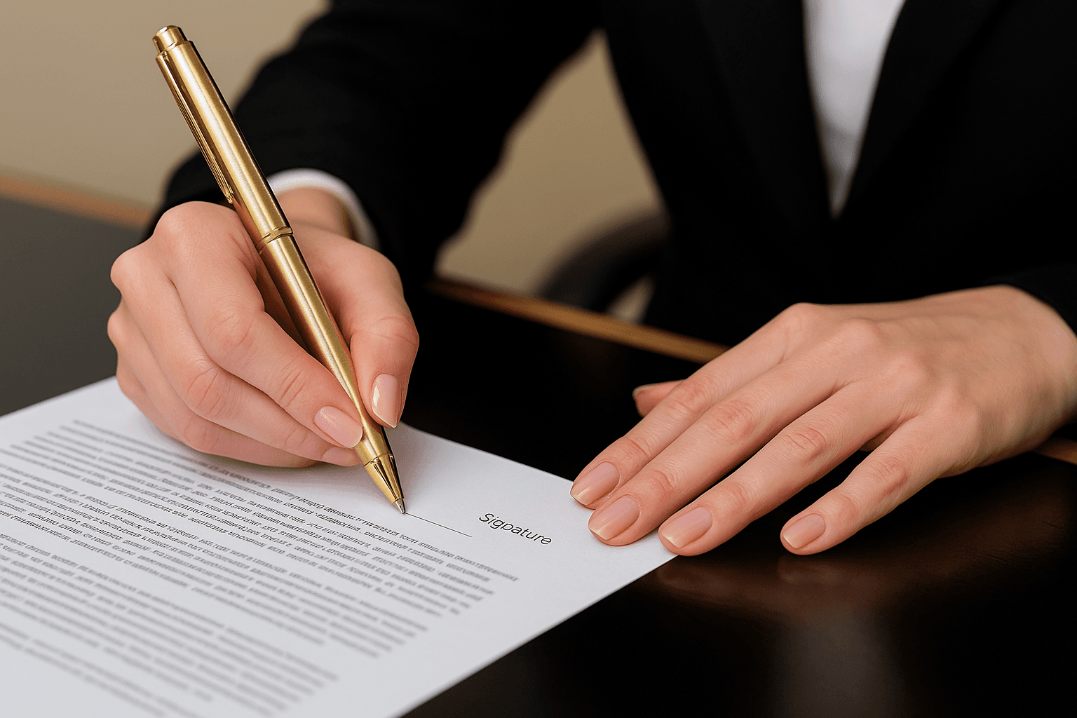 Business person in suit signing contract with gold pen on formal document