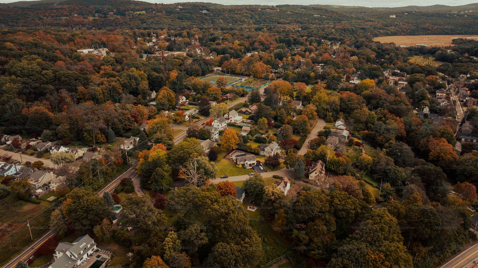 Aerial view of suburban neighborhood with autumn foliage, houses scattered among colorful fall trees