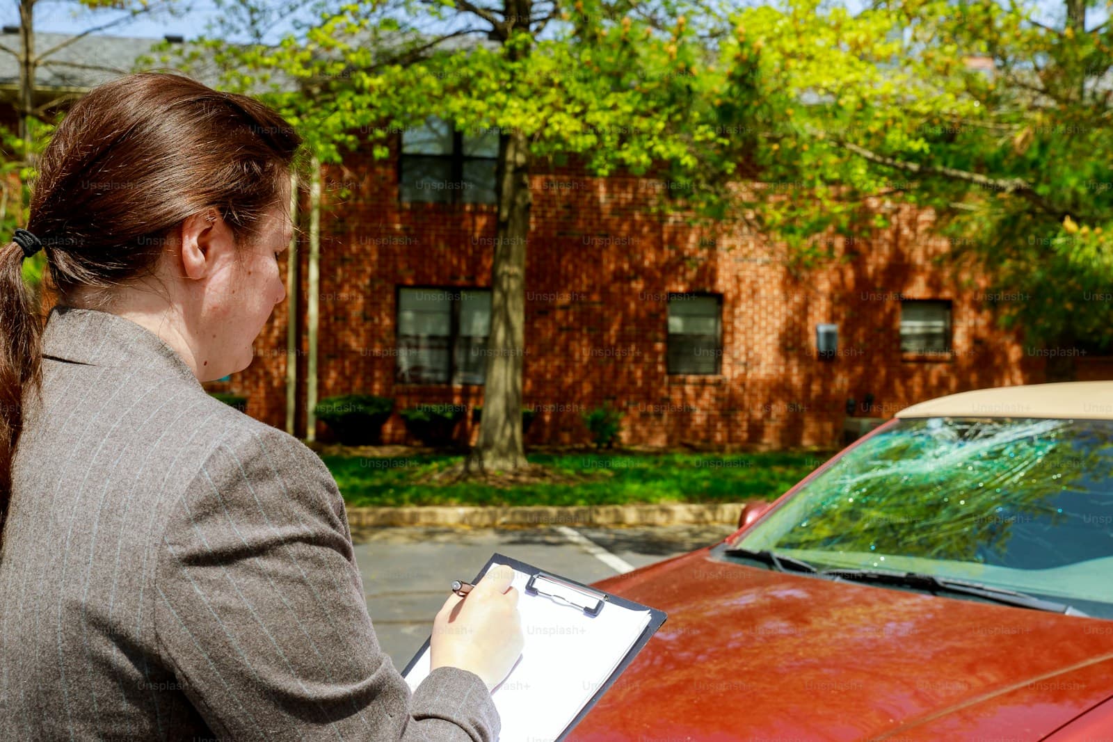 Adjuster in a gray blazer inspecting a red car with a clipboard outside a brick home