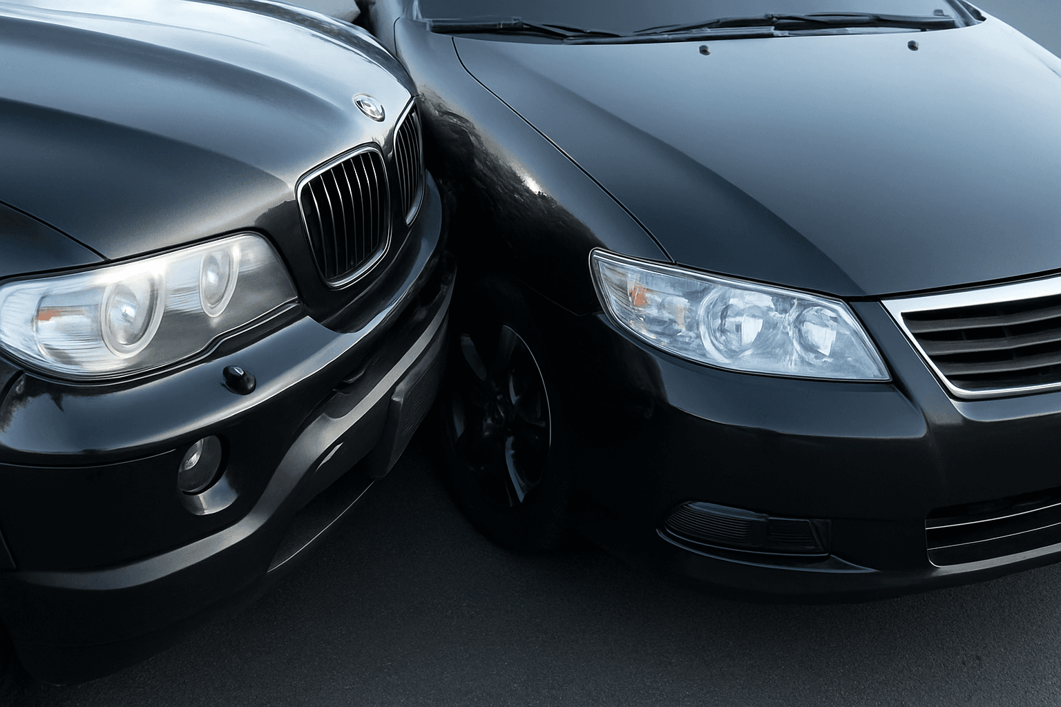 Close-up of two dark BMW car front ends with distinctive kidney grilles and headlights