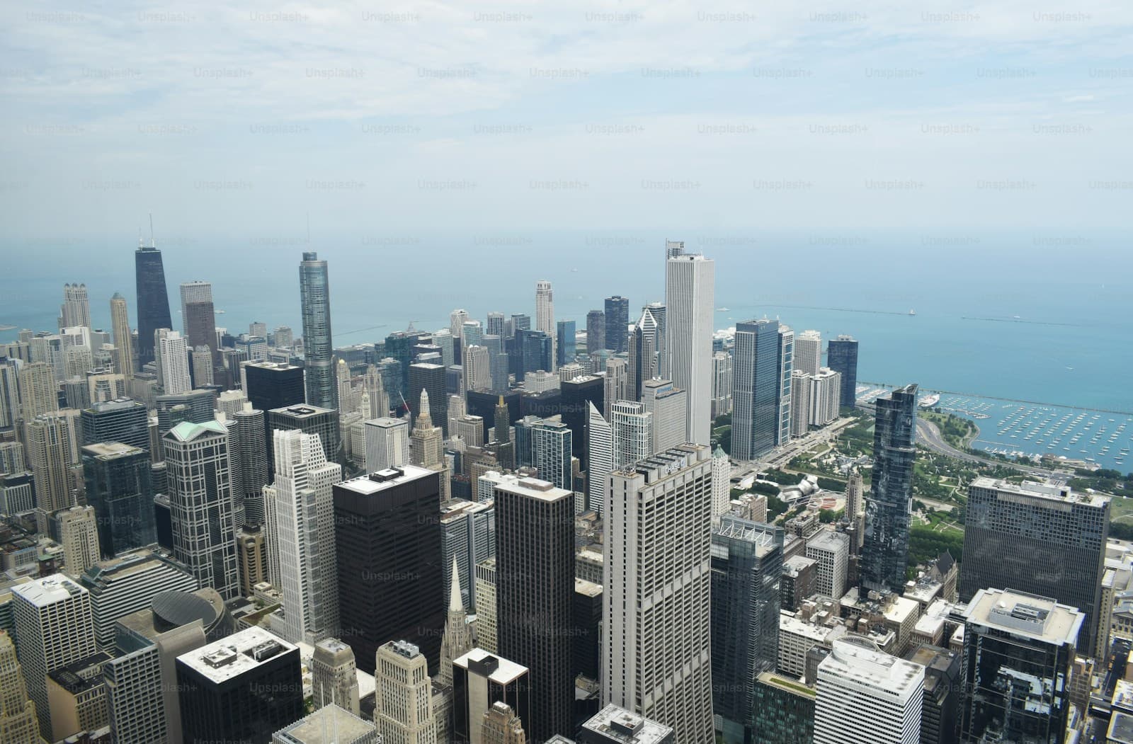 Aerial view of Chicago downtown skyline with skyscrapers and Lake Michigan in the background